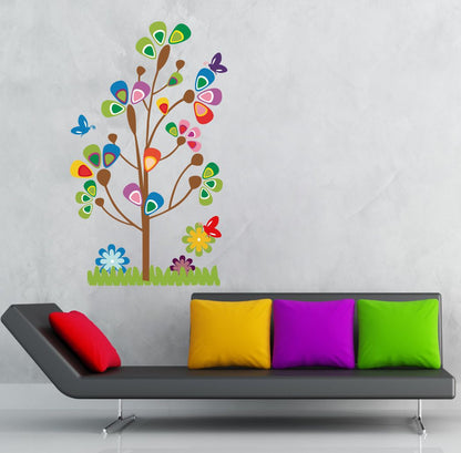 Homexa Decor | Tree With Flower and Butterflies Design wall Sticker Sticker (Size 51 x 86 cm)