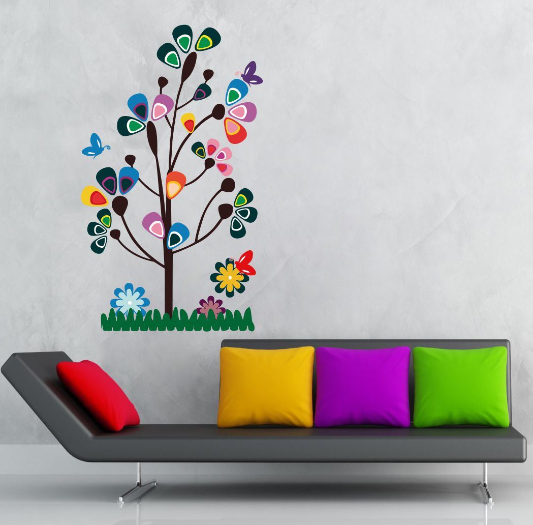 Homexa Decor | Tree With Flower and Butterflies Design wall Sticker Sticker (Size 51 x 86 cm)