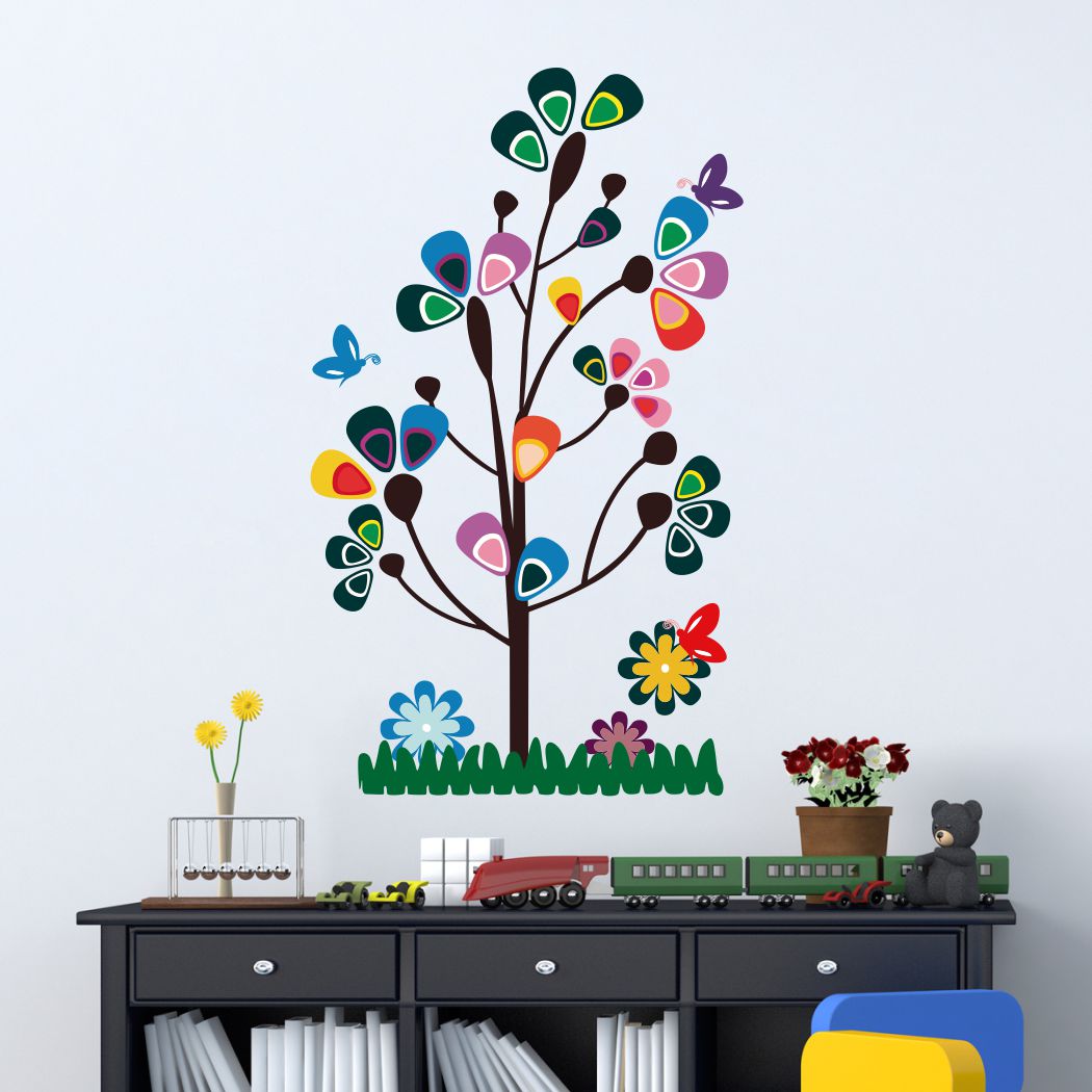 Homexa Decor | Tree With Flower and Butterflies Design wall Sticker Sticker (Size 51 x 86 cm)