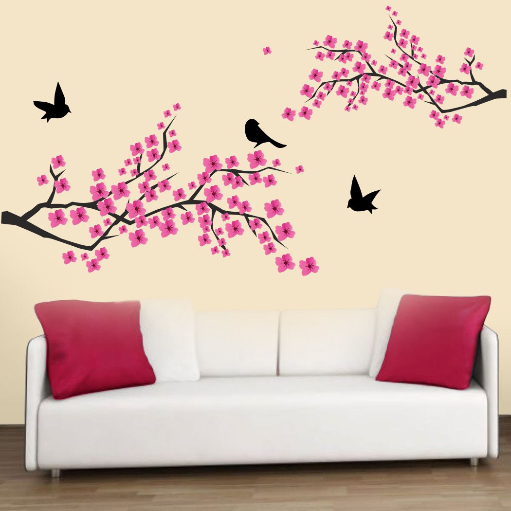 Homexa Decor | Tree With Flower and Birds Wall Sticker (Size 91 x 60 cm)