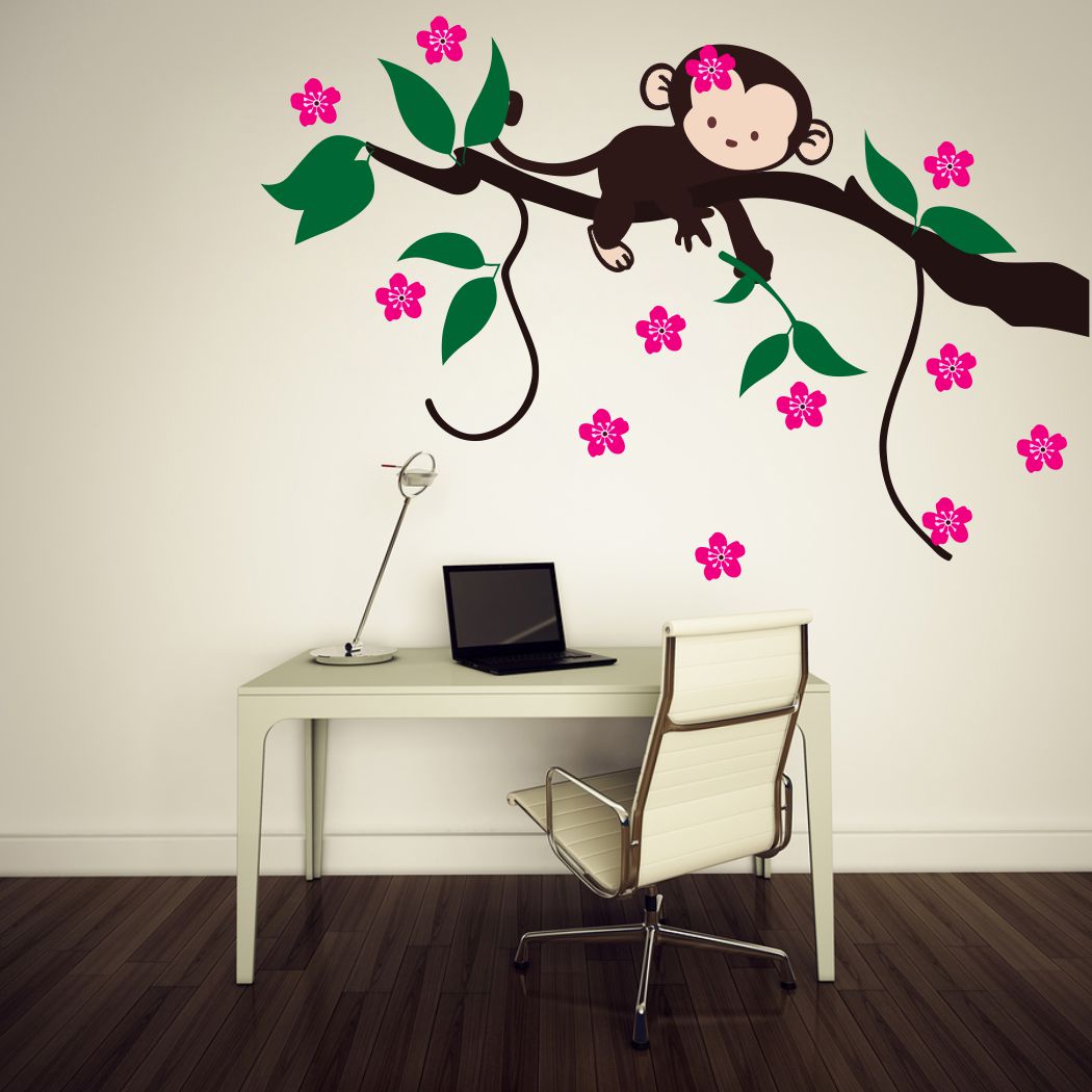 Homexa Decor | Tree With Flower and Monkey Wall Sticker (Size 92 x 63 cm)