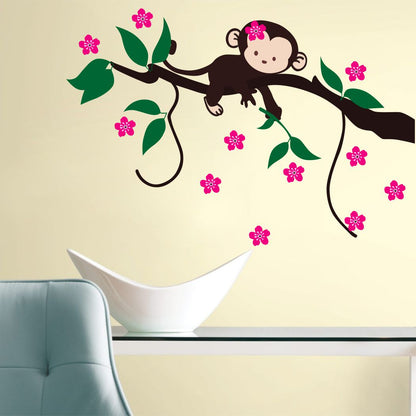 Homexa Decor | Tree With Flower and Monkey Wall Sticker (Size 92 x 63 cm)