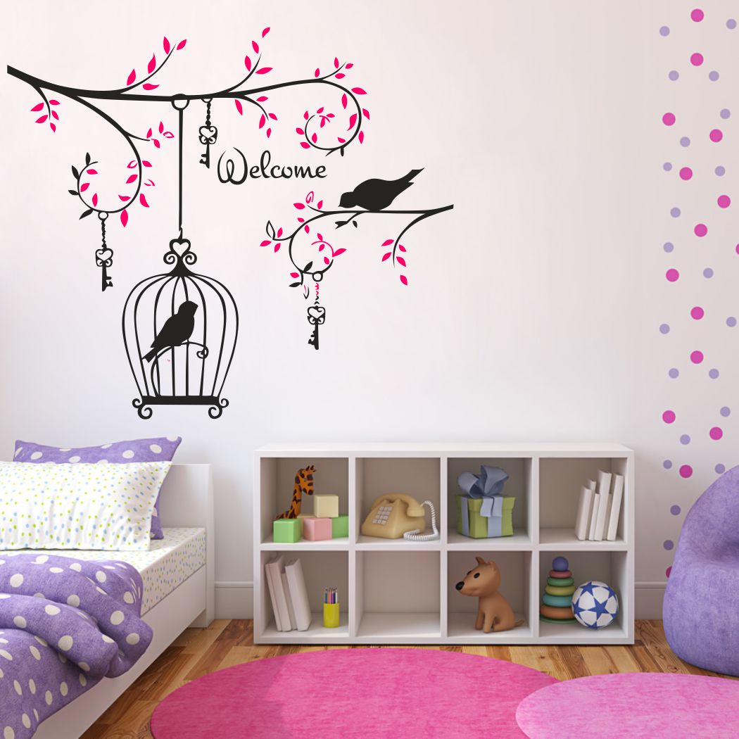 Homexa Decor | Branches With Leaf and Cages and Birds Design Wall Sticker (Size 85 x 74 cm)