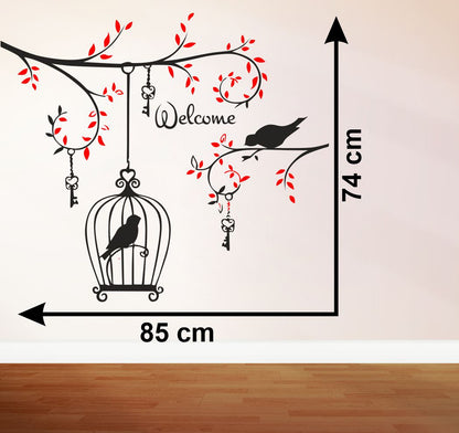 Homexa Decor | Branches With Leaf and Cages and Birds Design Wall Sticker (Size 85 x 74 cm)