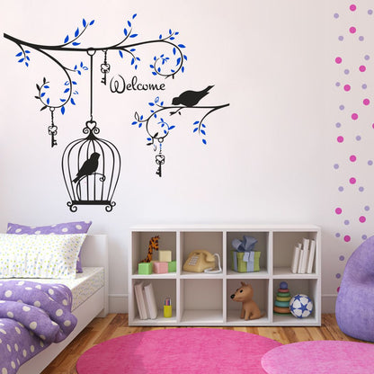 Homexa Decor | Branches With Leaf and Cages and Birds Design Wall Sticker (Size 85 x 74 cm)