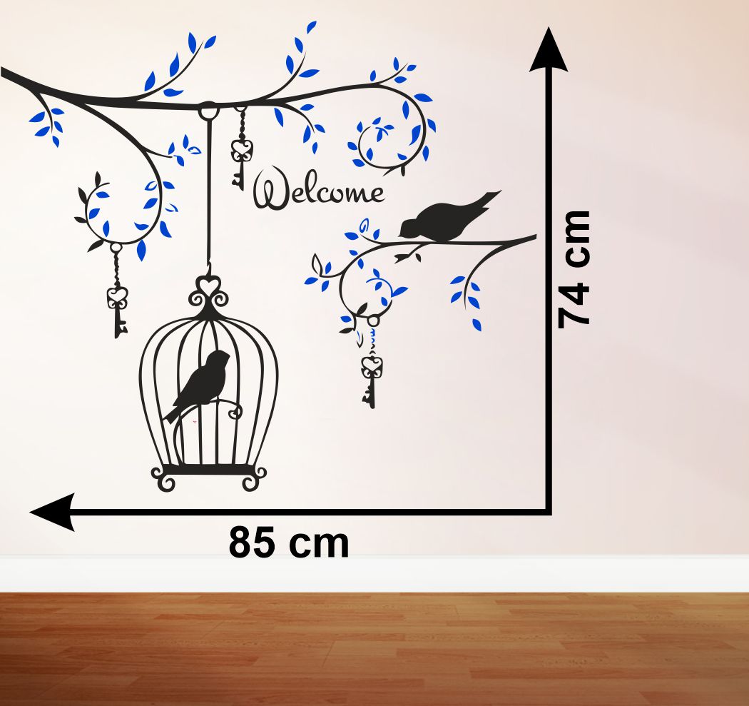 Homexa Decor | Branches With Leaf and Cages and Birds Design Wall Sticker (Size 85 x 74 cm)