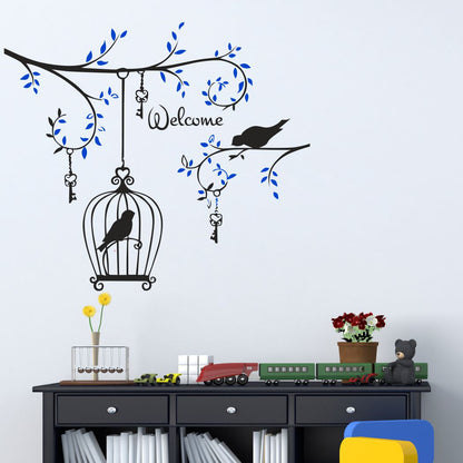 Homexa Decor | Branches With Leaf and Cages and Birds Design Wall Sticker (Size 85 x 74 cm)