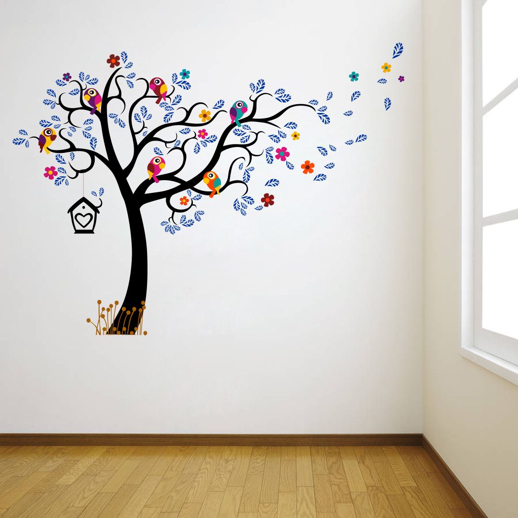 Homexa Decor | Tree With Birds and Leaf Design Wall Sticker (Size 85 x 63 cm)