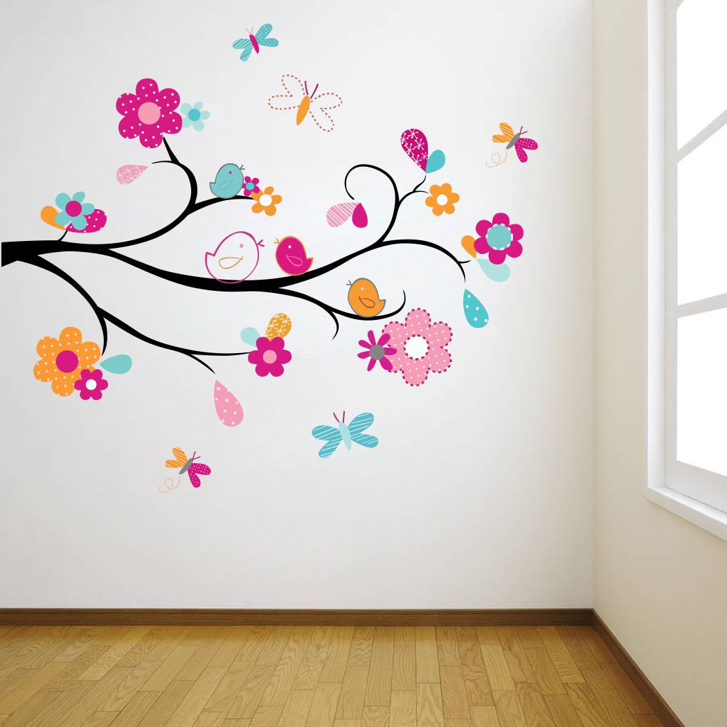 Homexa Decor | Tree With Flower Birds Wall Sticker (Size 91 x 79 cm)