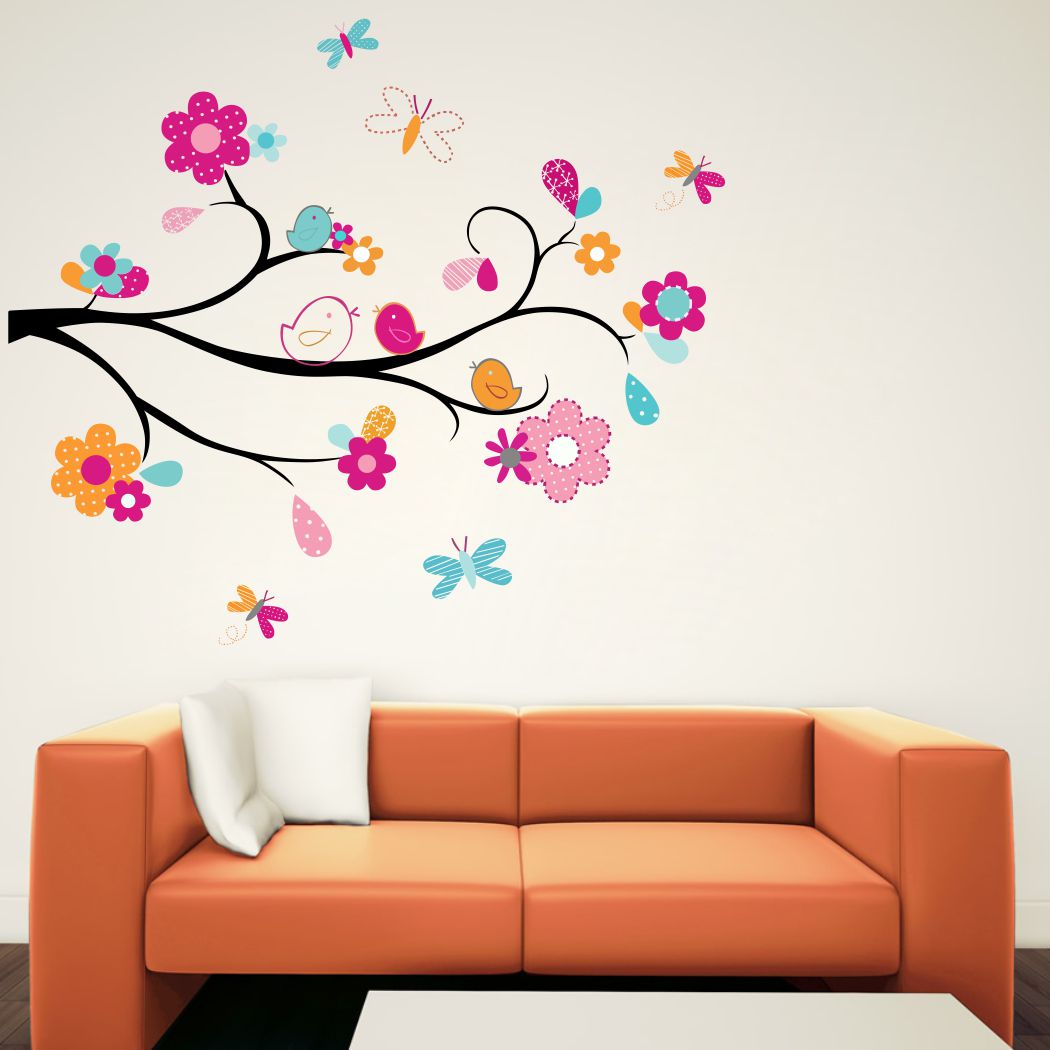 Homexa Decor | Tree With Flower Birds Wall Sticker (Size 91 x 79 cm)