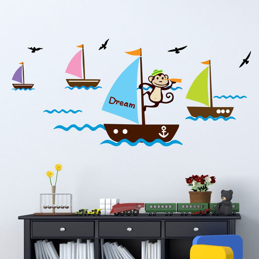 Homexa Decor | Monkey Boat Design Wall Sticker (Size 91 x 41 cm)