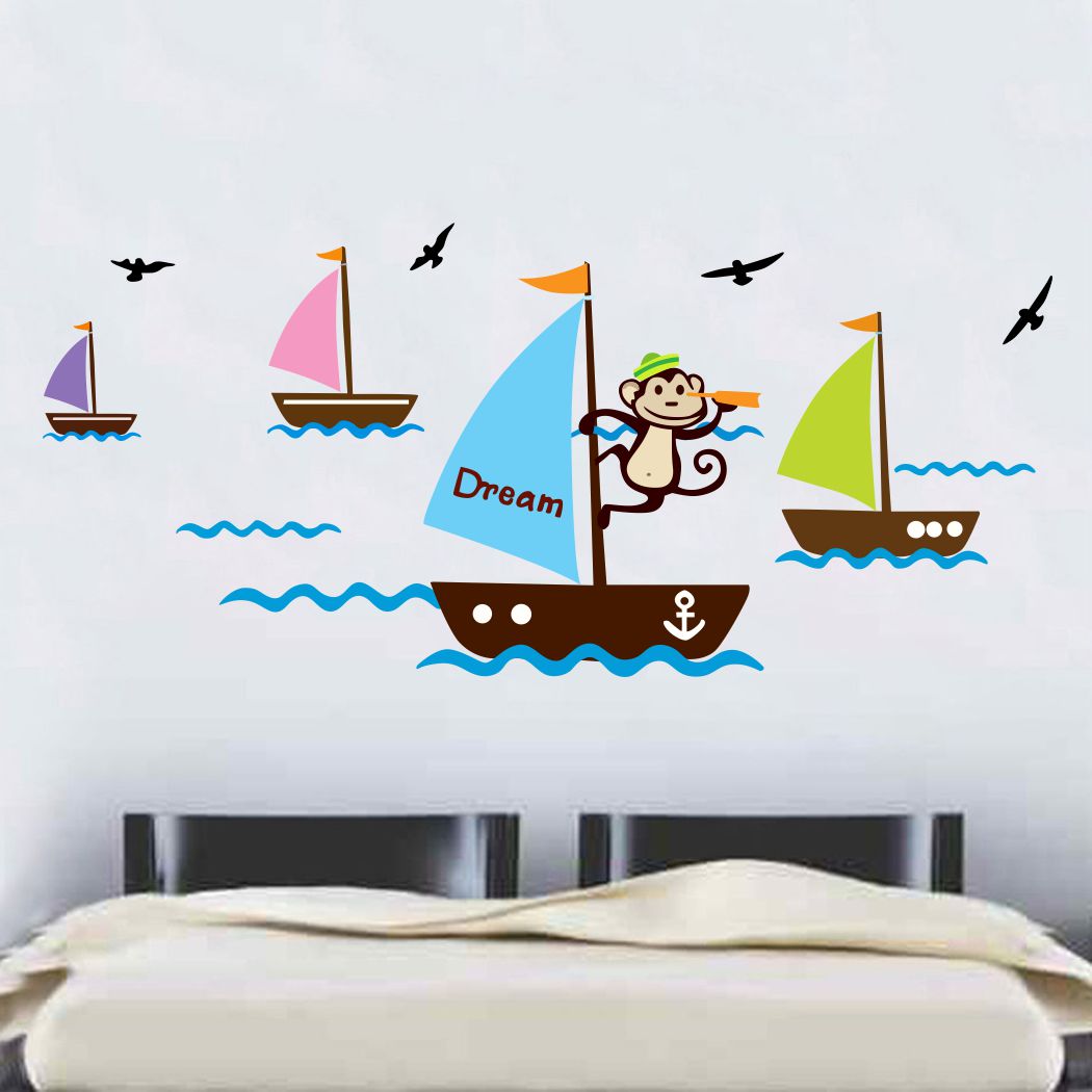 Homexa Decor | Monkey Boat Design Wall Sticker (Size 91 x 41 cm)