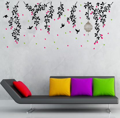 Homexa Decor | Flower With Leaf and Hanging cage  Wall Sticker (Size 106 x 46 cm)