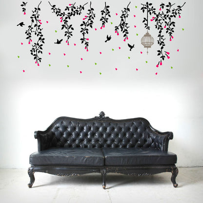 Homexa Decor | Flower With Leaf and Hanging cage  Wall Sticker (Size 106 x 46 cm)