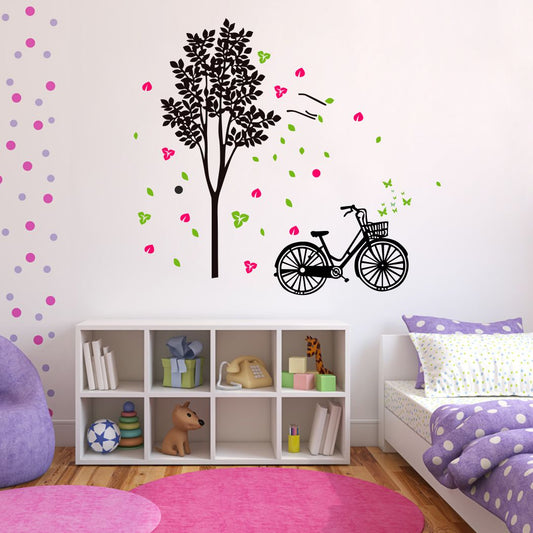 Homexa Decor | Tree With Leaf and Cycle Wall Sticker (Size 88 x 80 cm)