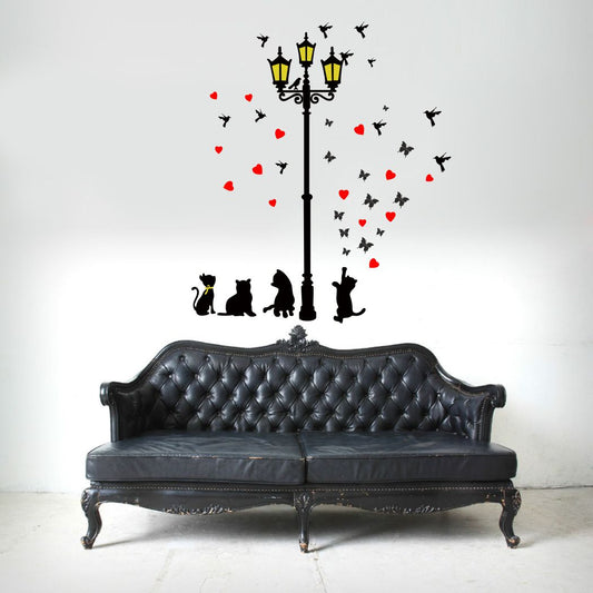 Homexa Decor | Cute Cate With Lamp and Birds or Butterfly Wall Sticker (Size 70 x 81 cm)