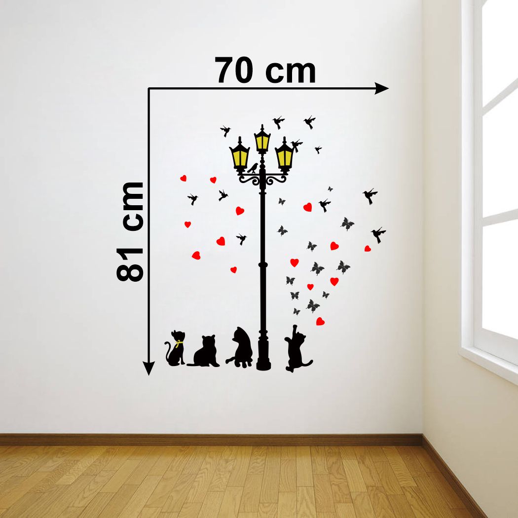 Homexa Decor | Cute Cate With Lamp and Birds or Butterfly Wall Sticker (Size 70 x 81 cm)