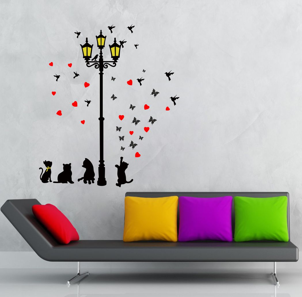 Homexa Decor | Cute Cate With Lamp and Birds or Butterfly Wall Sticker (Size 70 x 81 cm)