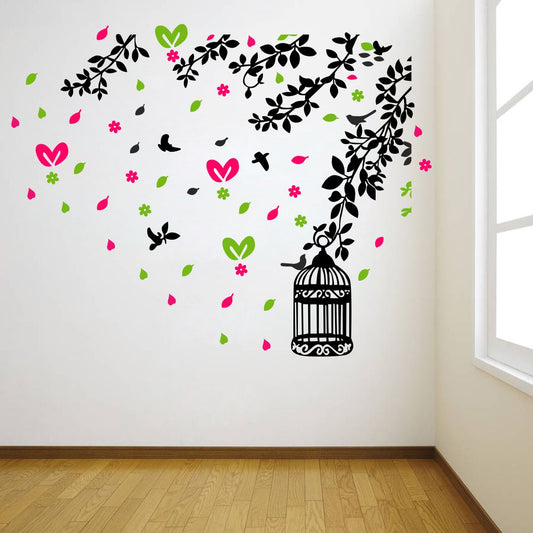 Homexa Decor | Leaf and Flower With Hanging Cage Wall Sticker (Size 78 x 62 cm)