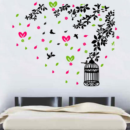 Homexa Decor | Leaf and Flower With Hanging Cage Wall Sticker (Size 78 x 62 cm)