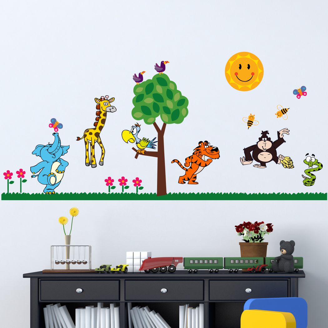 Homexa Decor | Tree With Flower and Animal Design Wall Sticker (Size 118 x 54 cm)