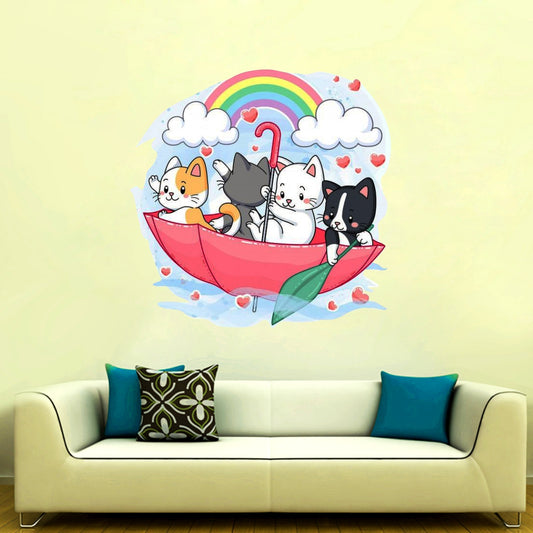 Homexa Decor | Cute Cat With Umbrella and Rambo Wall Sticker (Size 56 x 56 cm)