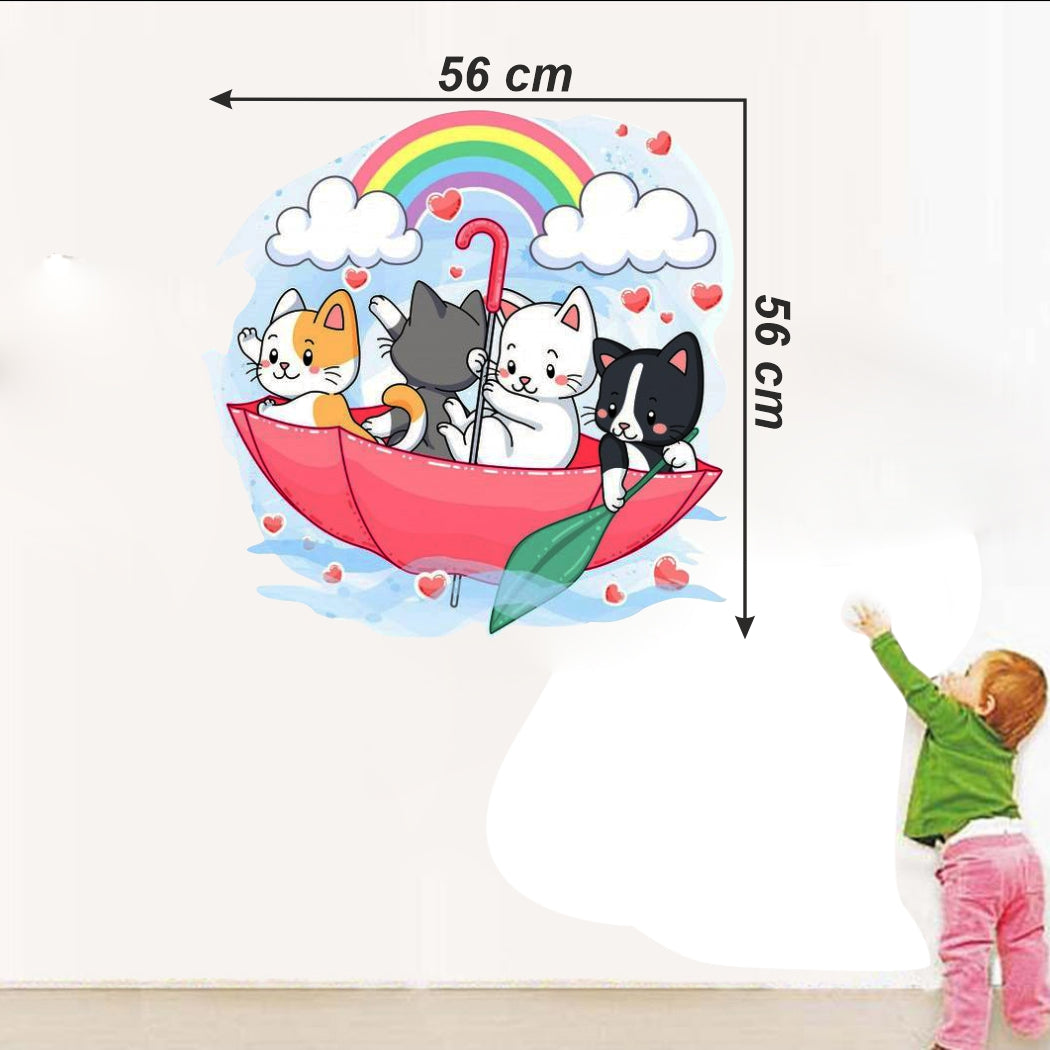 Homexa Decor | Cute Cat With Umbrella and Rambo Wall Sticker (Size 56 x 56 cm)