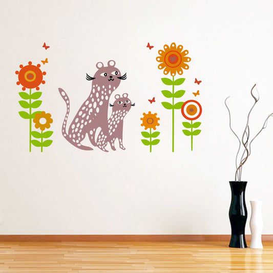 Homexa Decor | Cat with Flower and Birds Design Wall Sticker (Size 78 x 46 cm)