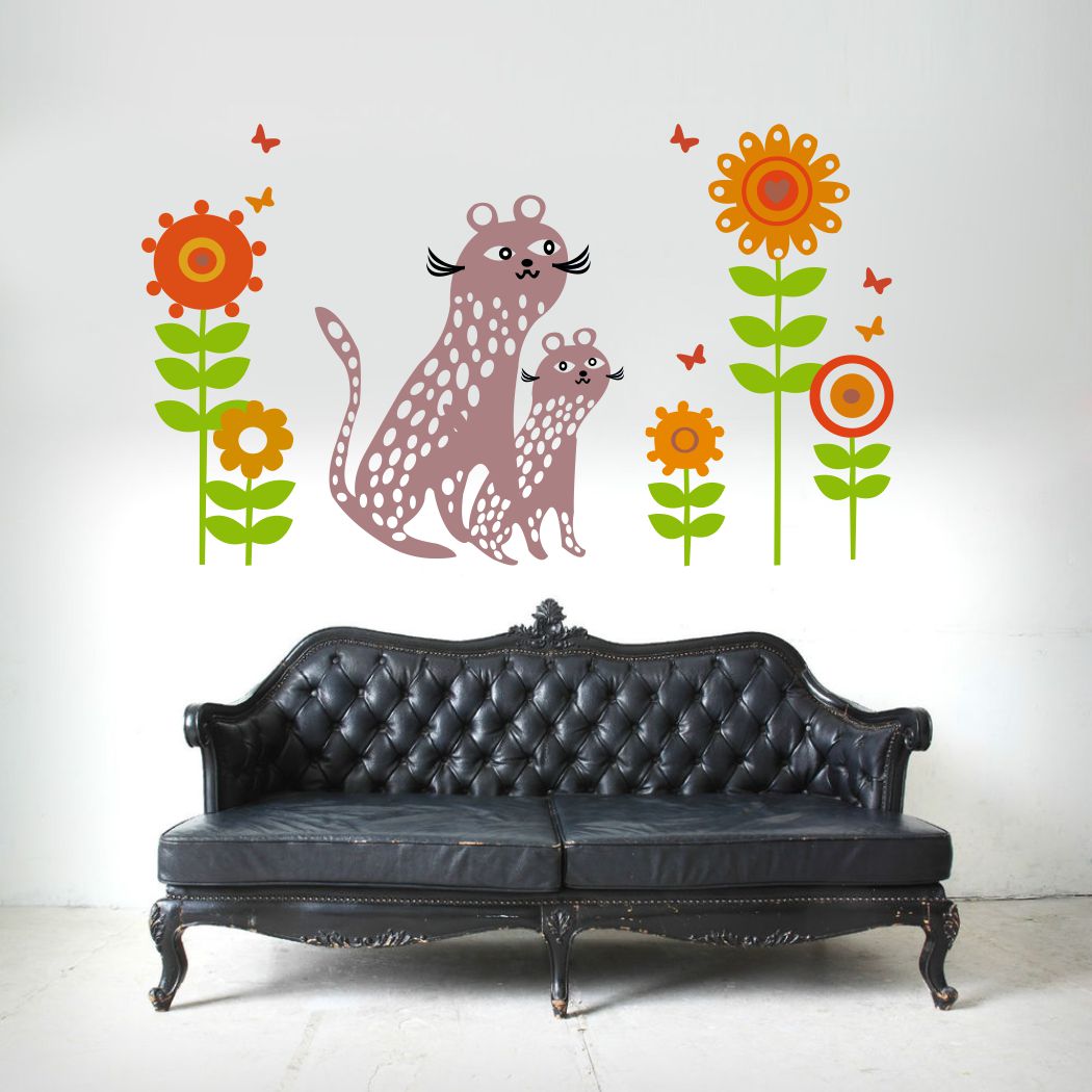 Homexa Decor | Cat with Flower and Birds Design Wall Sticker (Size 78 x 46 cm)