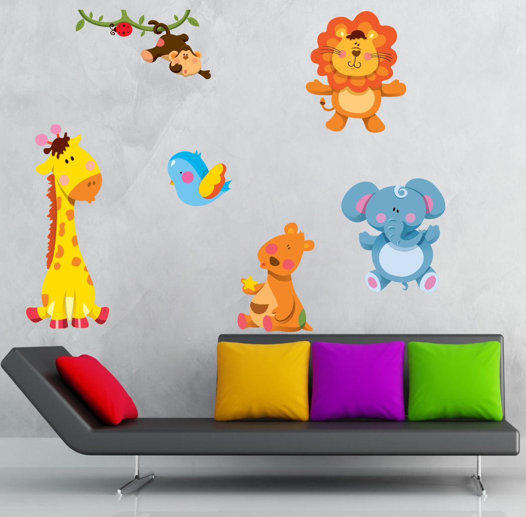 Homexa Decor | Multiple Animated Cute Animals Design Wall Sticker (Size 70 x 70 cm)