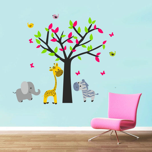 Homexa Decor | Tree and Colorful Leaf With Animals Design Wall Sticker (Size 67 x 59 cm)