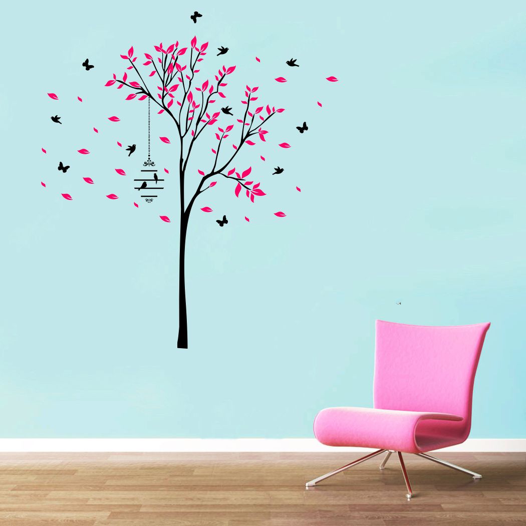 Homexa Decor | Tree With Colorful Leaf and Birds, Butterfly Design Wall Sticker (Size 70 x 79 cm)