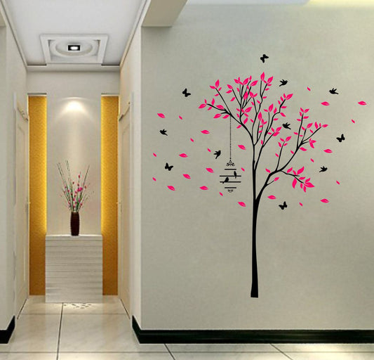 Homexa Decor | Tree With Colorful Leaf and Birds, Butterfly Design Wall Sticker (Size 70 x 79 cm)