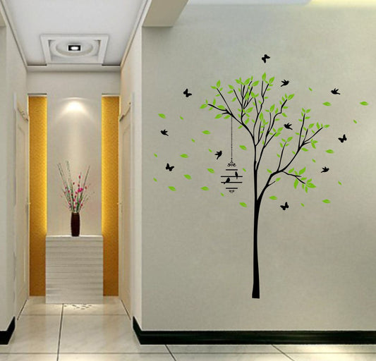 Homexa Decor | Tree With Colorful Leaf and Birds, Butterfly Design Wall Sticker (Size 70 x 79 cm)