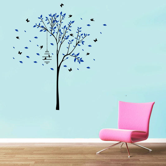 Homexa Decor | Tree With Colorful Leaf and Birds, Butterfly Design Wall Sticker (Size 70 x 79 cm)