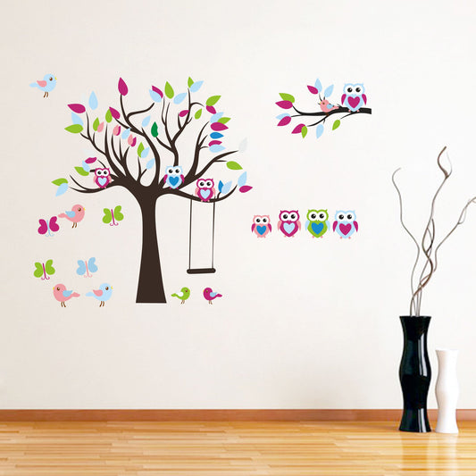 Homexa Decor | Tree With Colorful Leaf Birds Butterfly Owl Design Wall Sticker (Size 80 x 54 cm)