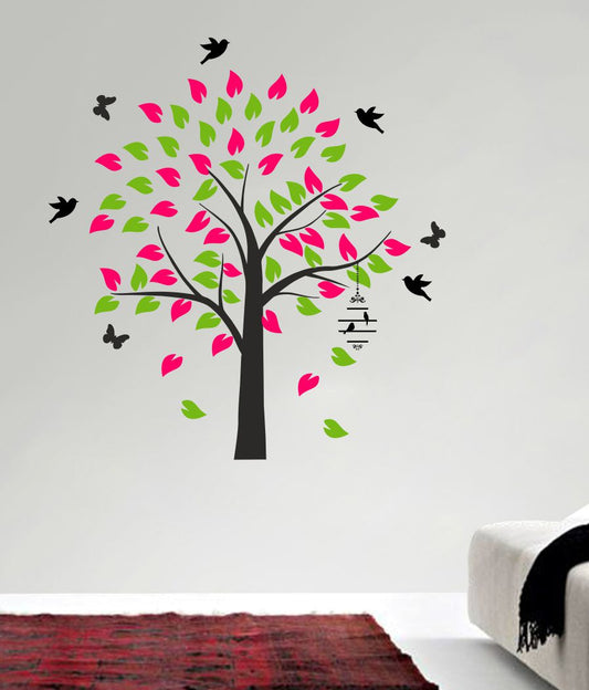 Homexa Decor | Colorful Tree and Hanging Cage-Birds Design Wall Sticker (Size 67 x 71 cm)