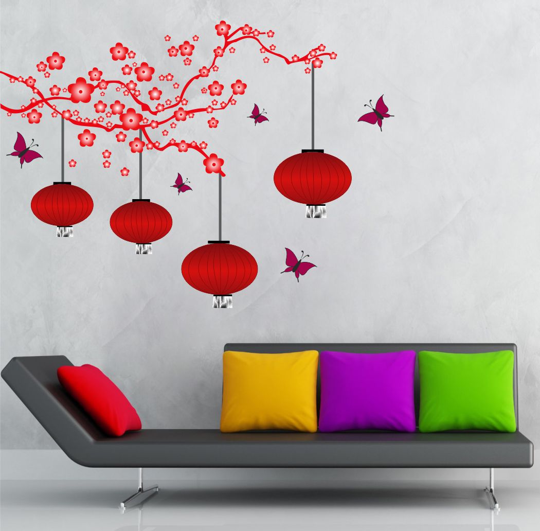 Homexa Decor | Tree With Lamp and Butterfly Design Wall Sticker (Size 87 x 63 cm)