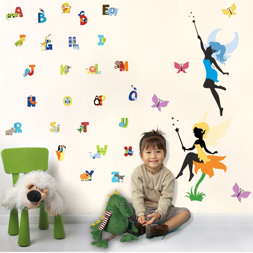 Homexa Decor | Flat Alphabets With Fairy Design Wall Sticker (Size 104 x 84 cm)