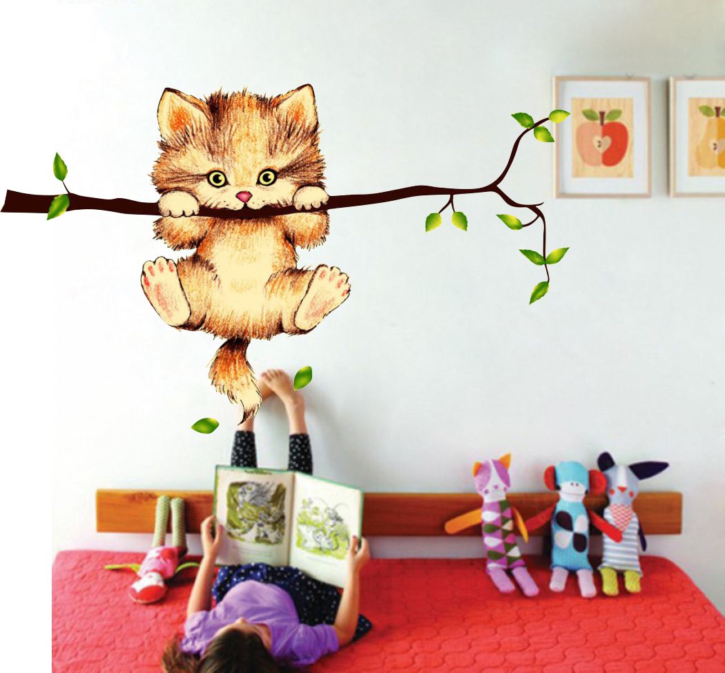 Homexa Decor | Tree With Hanging Cat Design Wall Sticker (Size 90 x 54 cm)