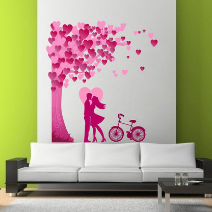 Homexa Decor | Romantic Couple Under The Heart Leaves Tree and Love with Bicycle Design Wall Sticker (Size 58 x 64 cm)