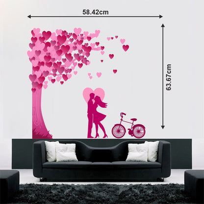 Homexa Decor | Romantic Couple Under The Heart Leaves Tree and Love with Bicycle Design Wall Sticker (Size 58 x 64 cm)