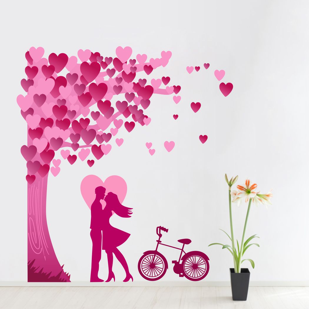 Homexa Decor | Romantic Couple Under The Heart Leaves Tree and Love with Bicycle Design Wall Sticker (Size 58 x 64 cm)