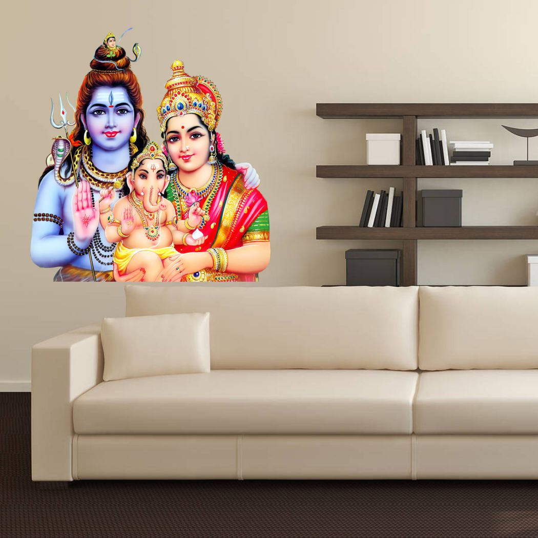 Homexa Decor | Gods of Shiv Parvati Ganesh Ji Design Wall Sticker (Size 53 x 55 cm)