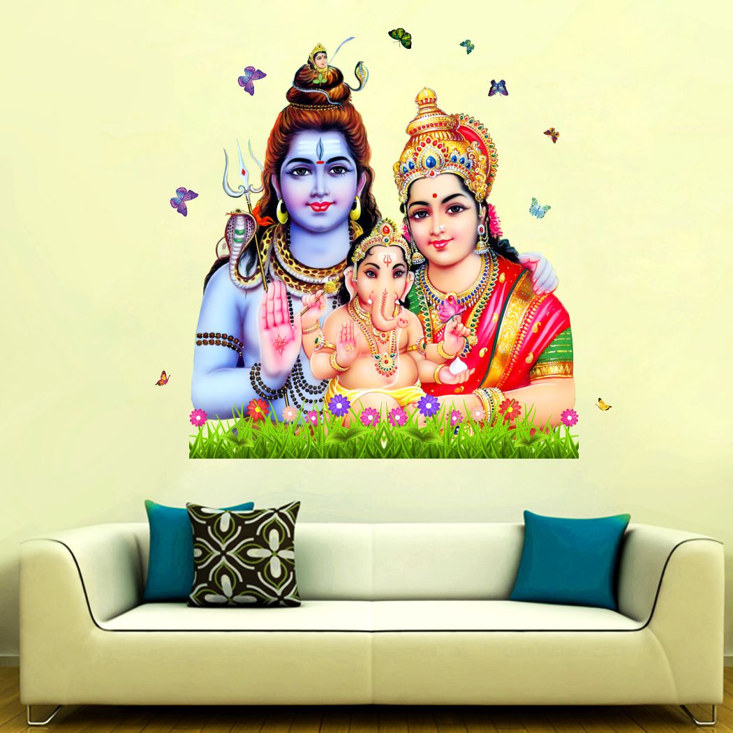 Homexa Decor | Gods of Shiv Parvati Ganesh Ji Design Wall Sticker (Size 52 x 56 cm)