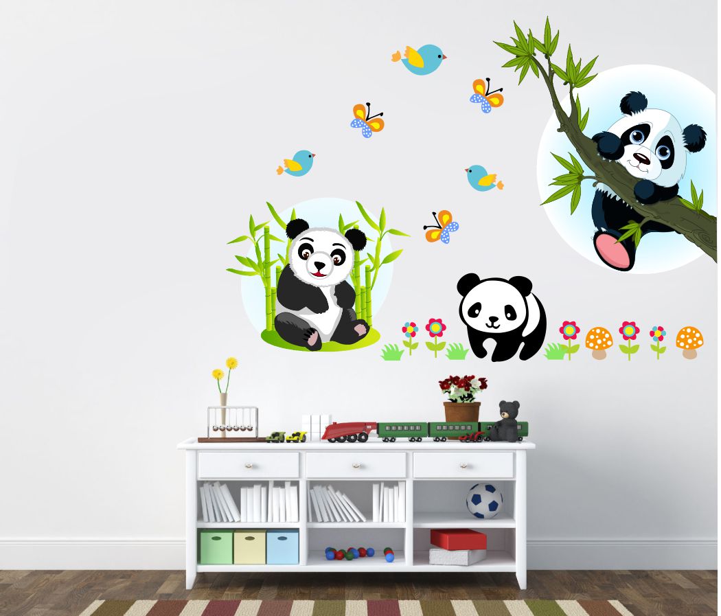 Homexa Decor | Beautiful Baby Panda-Butterfly-Flower Design Wall Sticker (Size 72 x 51 cm)