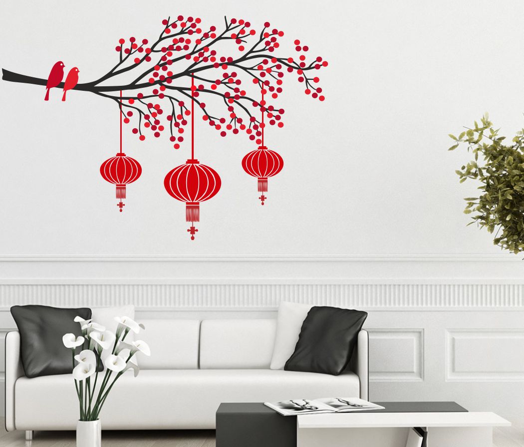 Homexa Decor | Tree With Lamp and Birds Design Wall Sticker (Size 83 x 55 cm)