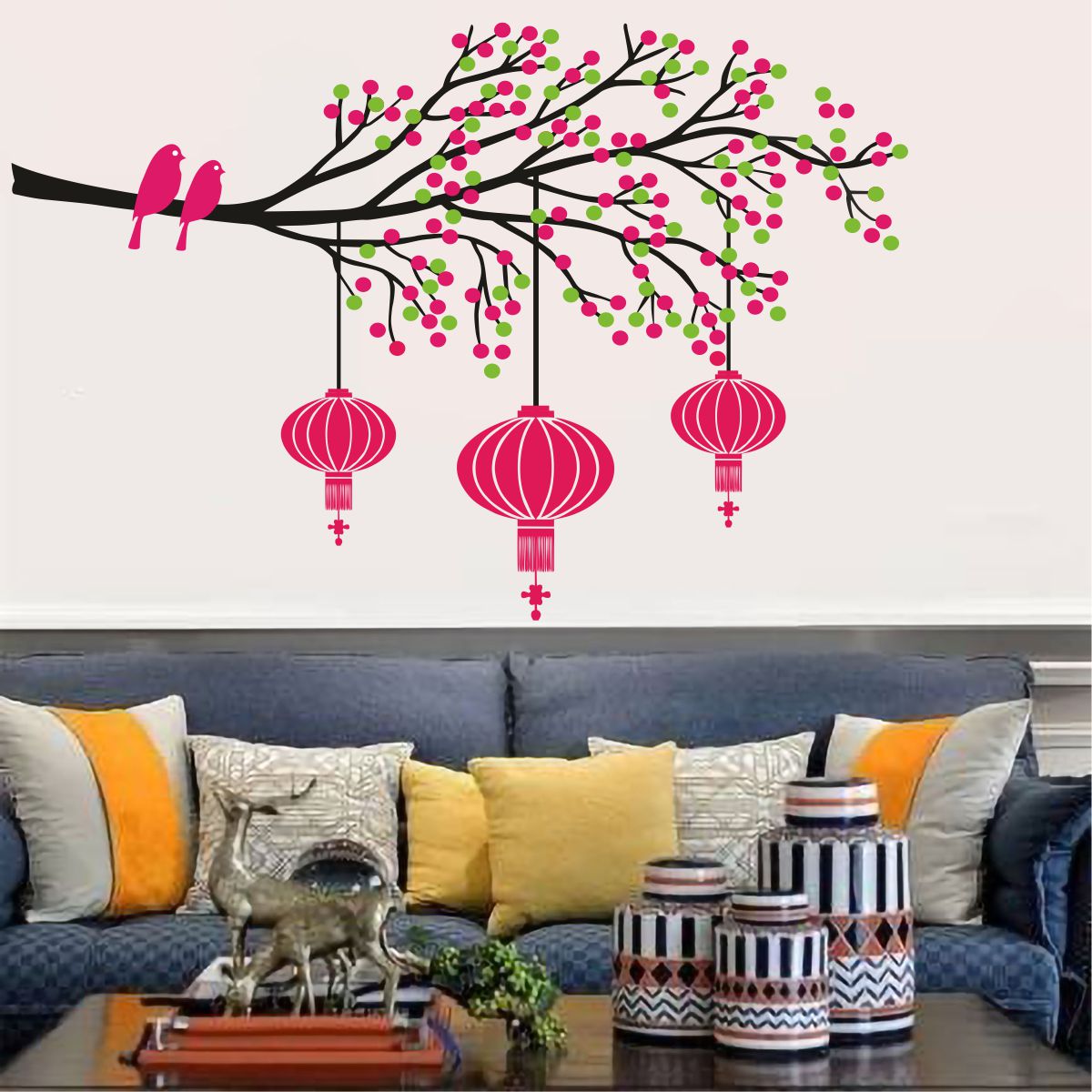 Homexa Decor | Tree With Lamp and Birds Design Wall Sticker (Size 85 x 55 cm)