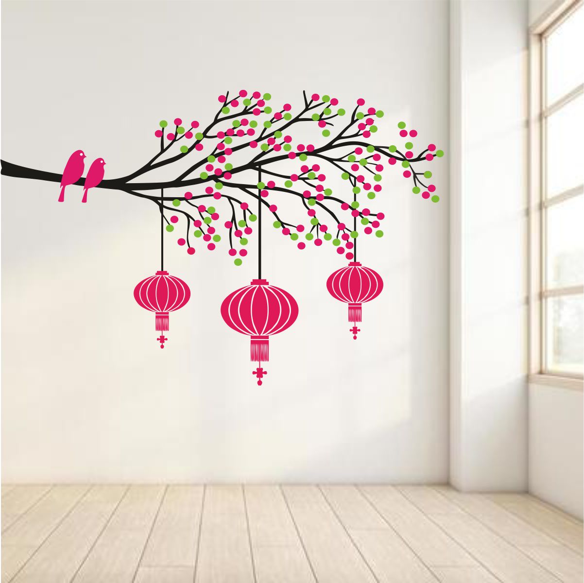 Homexa Decor | Tree With Lamp and Birds Design Wall Sticker (Size 85 x 55 cm)