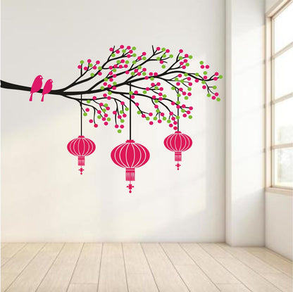 Homexa Decor | Tree With Lamp and Birds Design Wall Sticker (Size 85 x 55 cm)